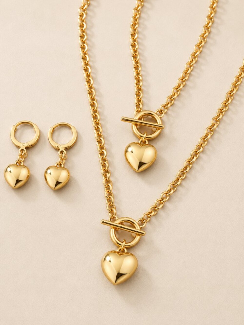 3pc Gold Heart Charm Jewelry Set Stainless Steel Necklace Bracelet Earrings - Picture 5 of 7